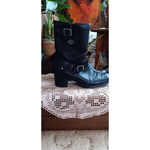 Women's black leather harley davidson boots side buckle 2" heel side zip size 8
